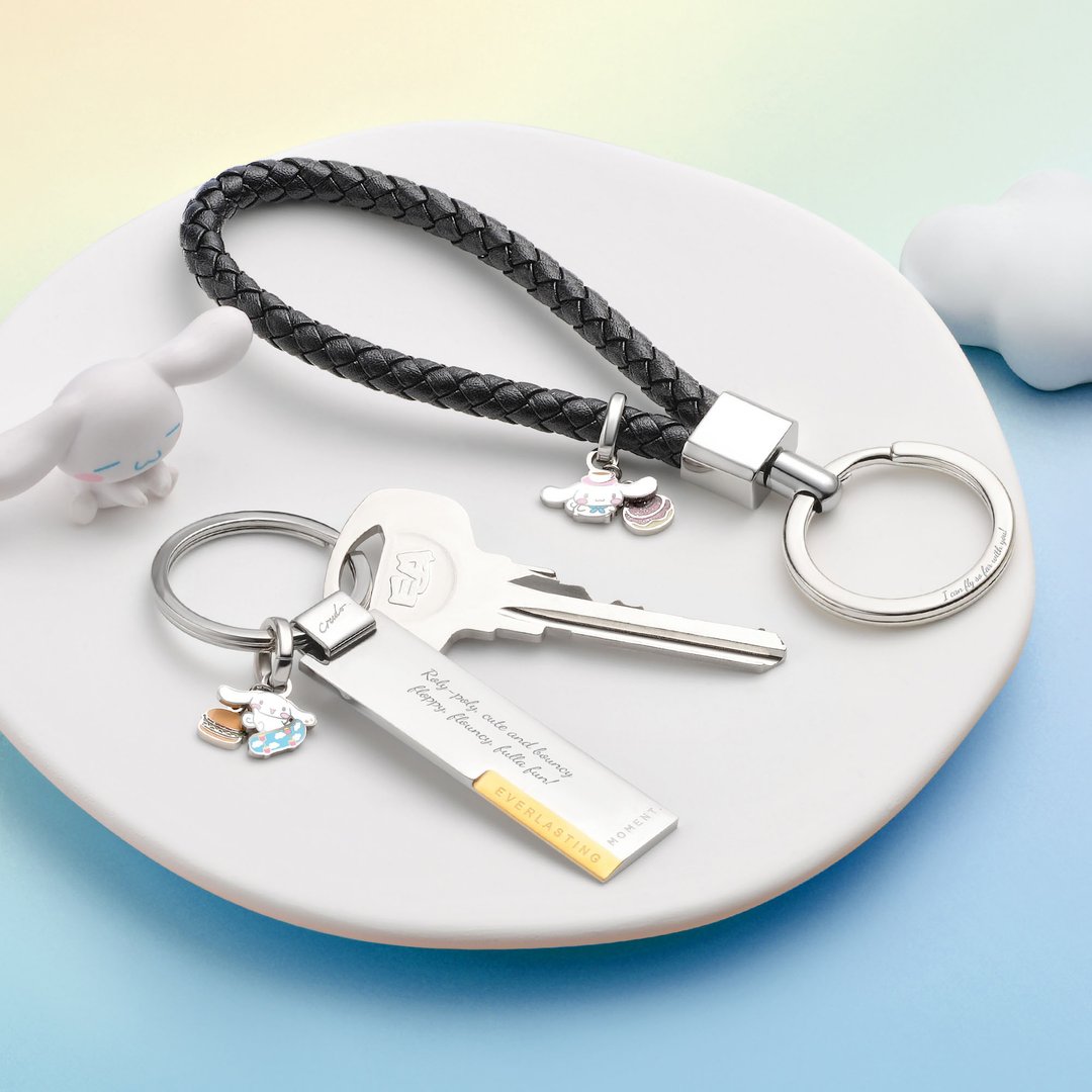 Cinnamoroll 限量版 定制化刻字 编织皮革/钢制钥匙圈 (6色) - 钥匙链/钥匙包 - 真皮 黑色