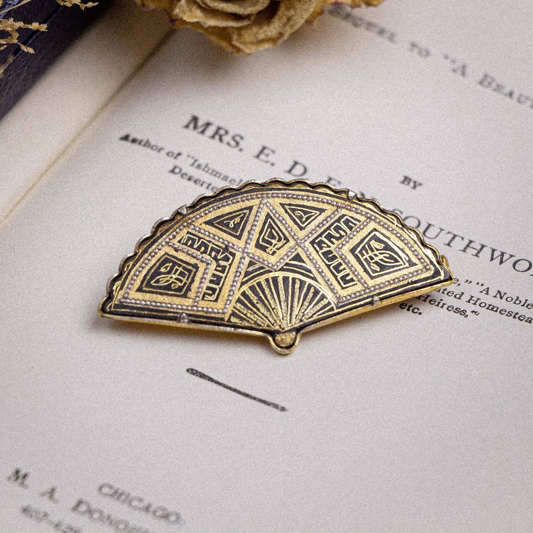 西班牙古董 大马士革24K/纯银金属镶嵌工艺 几何图腾 扇子胸针 - 胸针 - 24k 金 金色