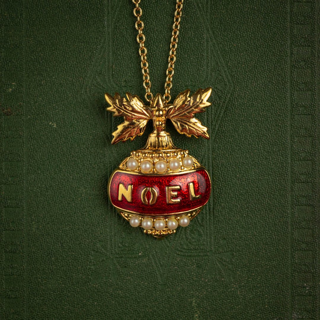 美国Avon品牌古董 1994 Noel Christmas 圣诞冬青球装饰坠 长项链 - 长链 - 其他金属 红色