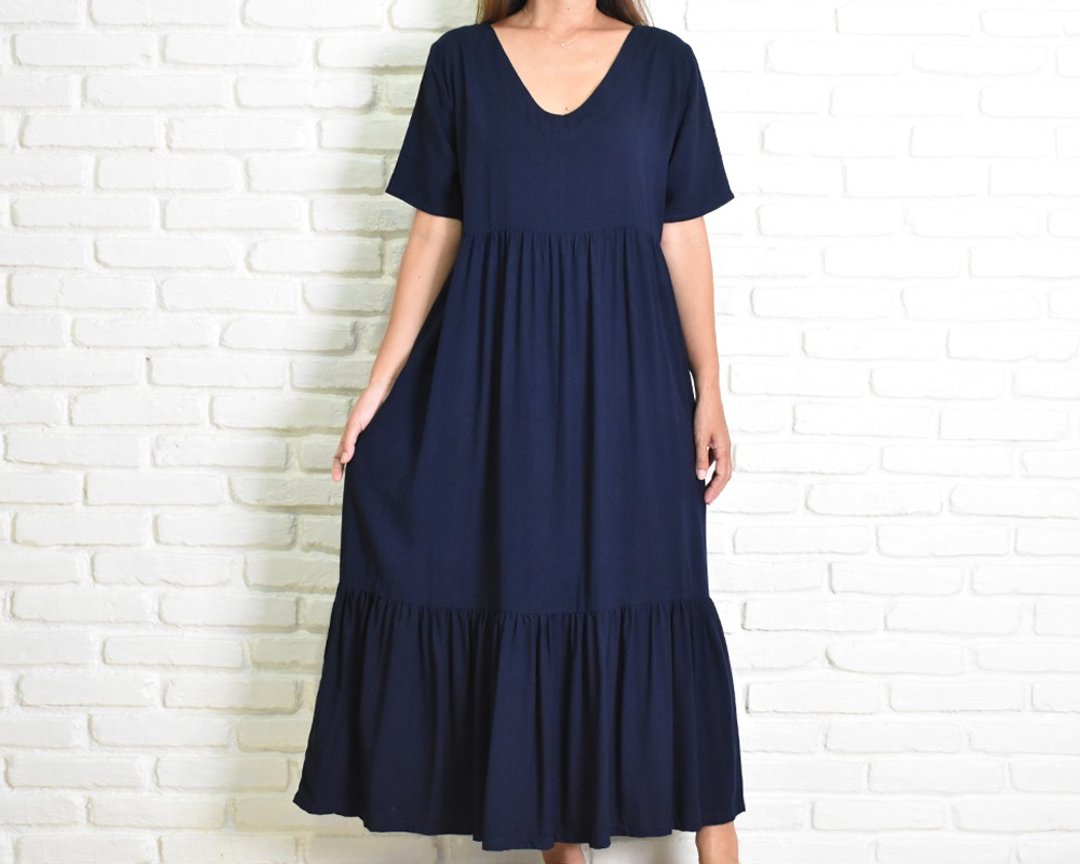 V-neck tiered dress navy - 洋装/连衣裙 - 其他材质 蓝色