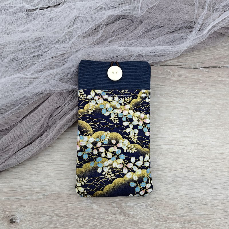 定制化电话包 手机袋 手机保护布套  -  和风烫金花枝 (M-078) - 手机壳/手机套 - 棉．麻 蓝色