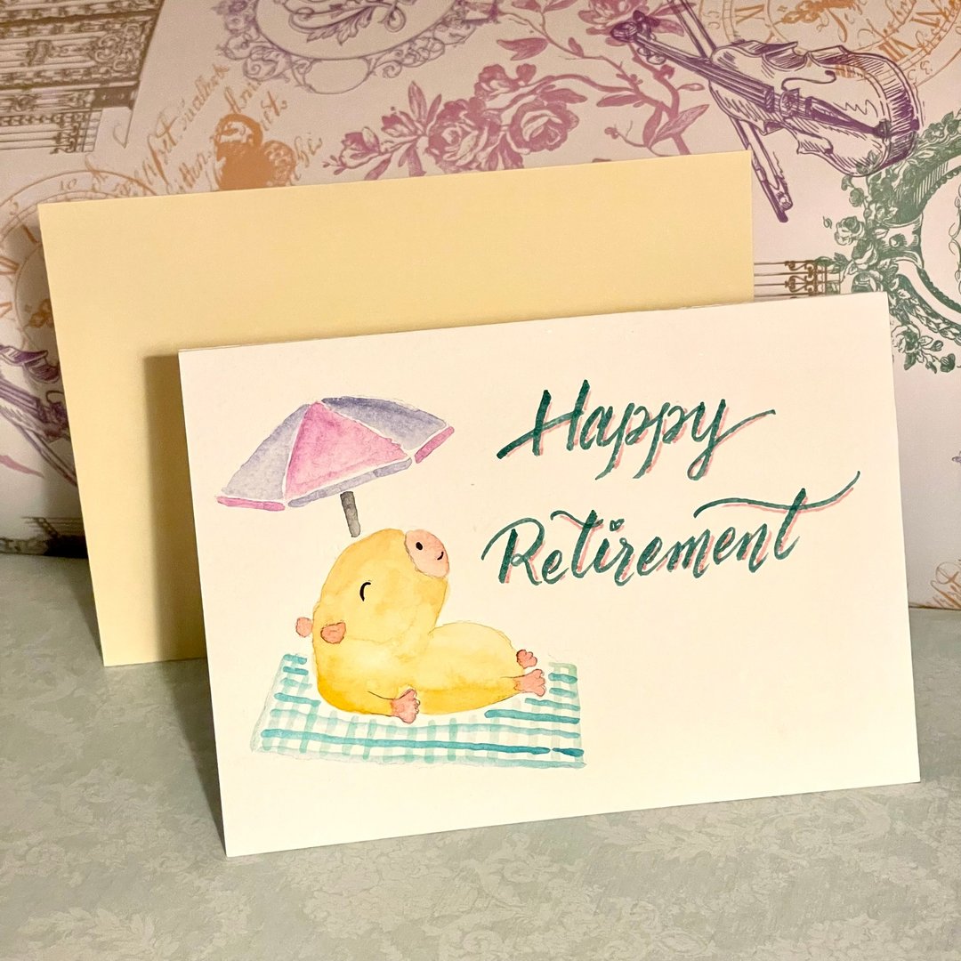 自家制手绘退休贺卡 - 水彩水豚叹世界 & Happy Retirement - 卡片/明信片 - 纸 多色