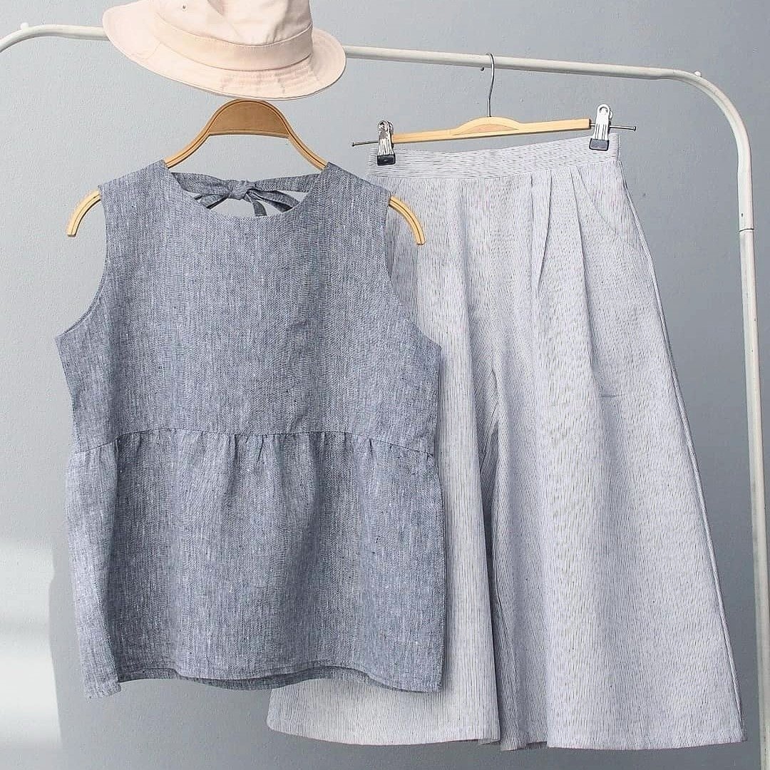 Good Mood Set (Top &amp; Pants) -  Dark Gray &amp; Gray Stripe - 女装上衣 - 棉．麻 灰色
