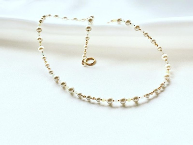 粉彩色调天然石与珍珠棉长项链 - 长链 - 半宝石 多色