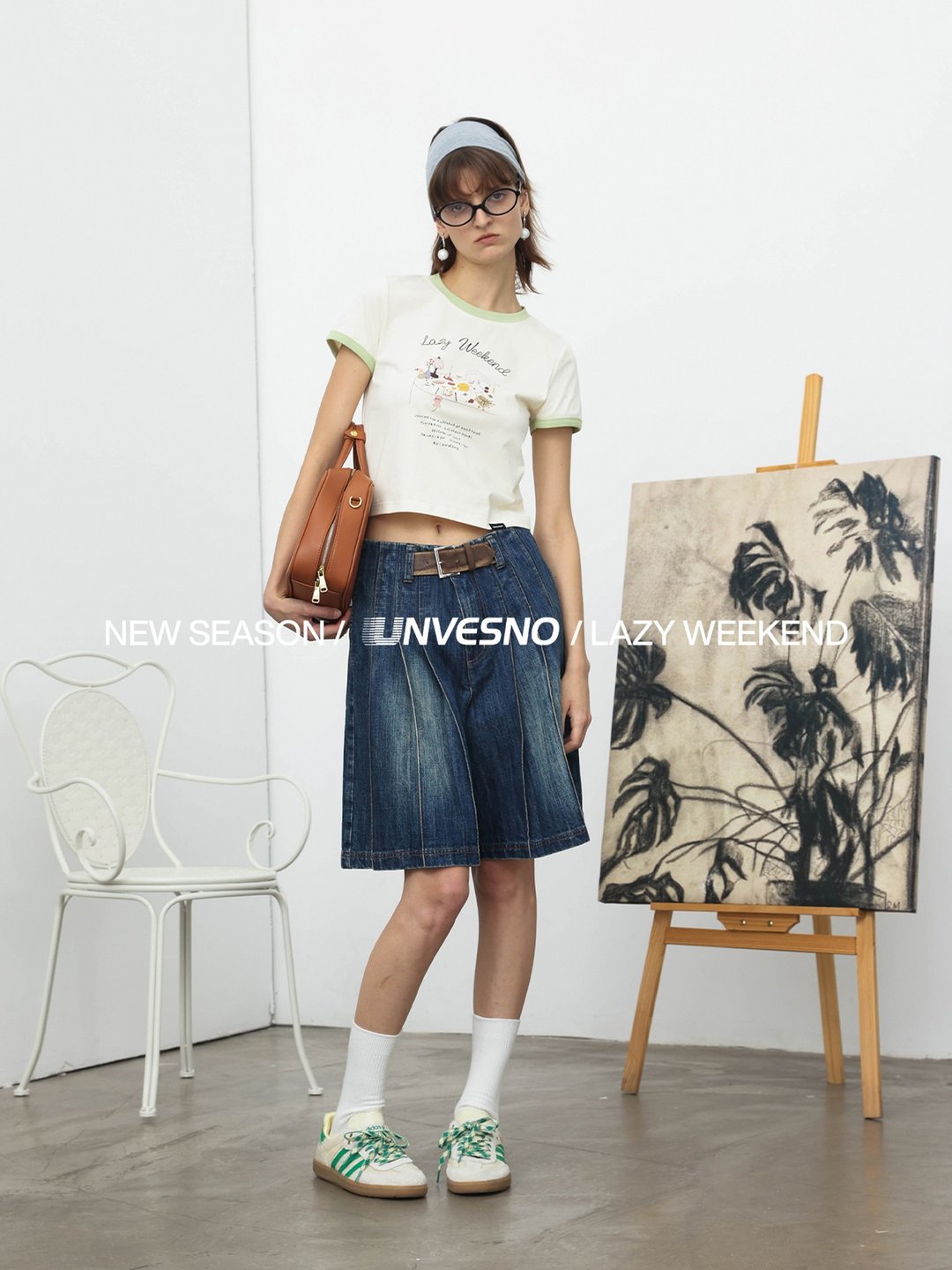 Unvesno(UN) NEW VINTAGE 竹节纹皮带调节百褶水洗做旧牛仔中裤 - 男士长裤 - 其他材质 