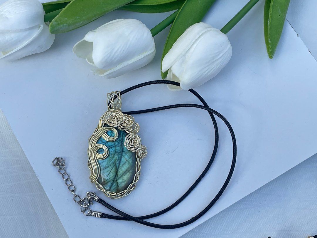 #230450 wire wrapping 拉长石 铜线 绕线 吊堕 - 项链 - 铜/黄铜 绿色