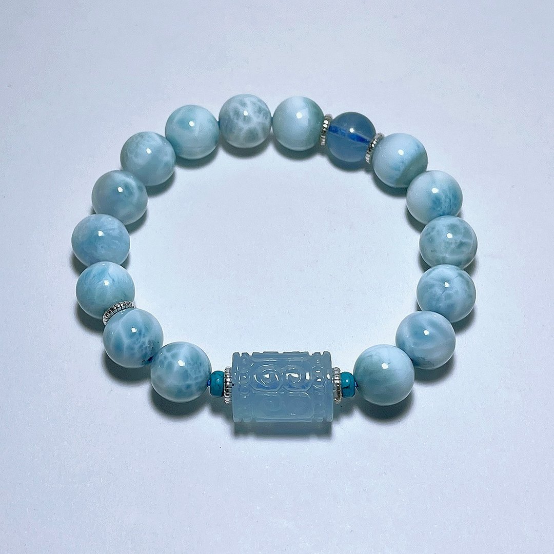 天然矿石 拉利玛海纹石 9.8 mm 海蓝宝 925纯银 手链 - 手链/手环 - 宝石 蓝色