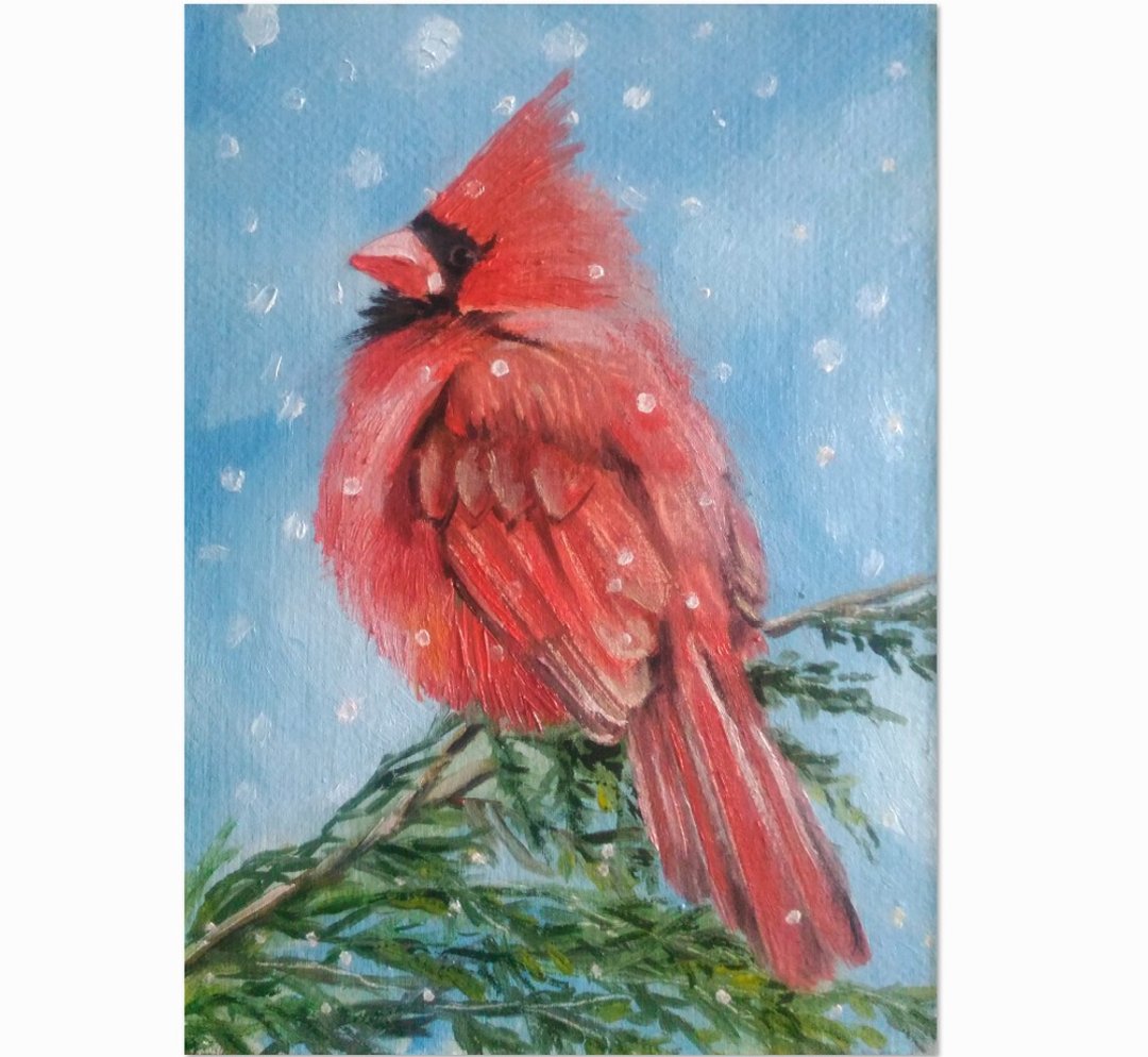 Red Cardinal Bird Painting Small Oil Artwork Birds Wall Art - 墙贴/壁贴 - 其他材质 