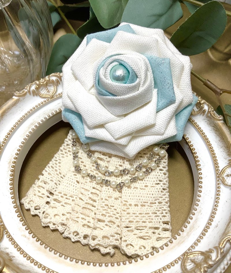 布花作品　胸针　玫瑰花结　胸花　绵布花　包包魅力　时髦的 - 胸针 - 棉．麻 蓝色