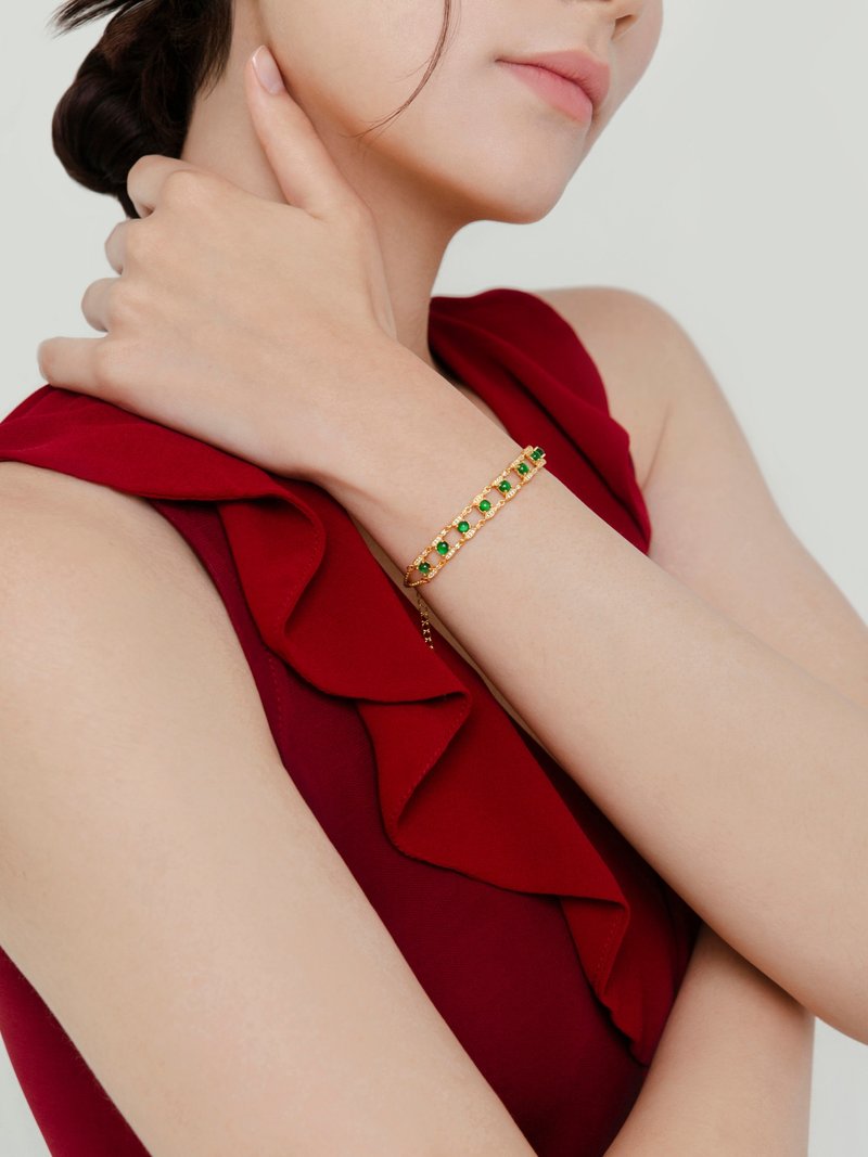 春翠诗篇翡翠手链 - 金 天然绿翡翠 | 925纯银 | 女生送礼 - 手链/手环 - 玉石 绿色