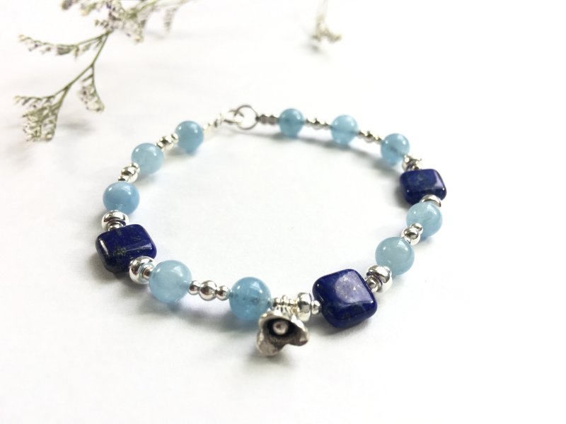 Ops Lapis Aquamarine flower silver bracelet-青金石/海蓝宝/天然矿石/ 925Silver/手链/蓝绿色/纯银/花朵 - 手链/手环 - 宝石 蓝色