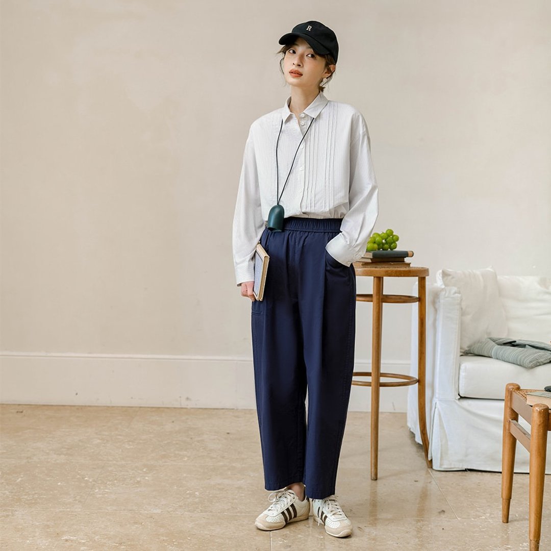 高腰松紧工装九分裤|裤子|两色|春款|Sora-1141 - 女装长裤 - 棉 多色