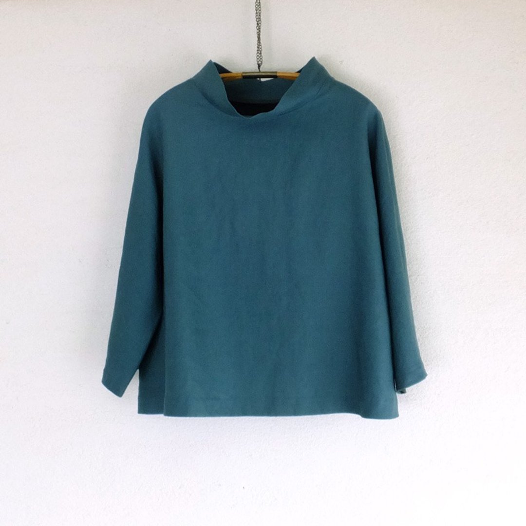 Two-color linen pullover, green, and blue + Brown - 女装上衣 - 棉 蓝色