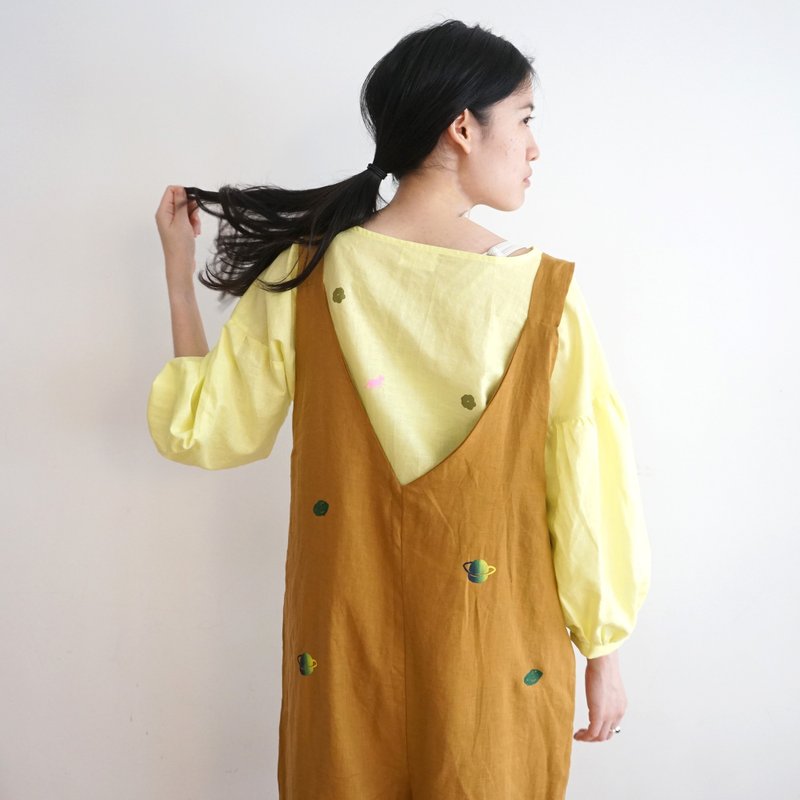 订制  好可爱手工印花芥茉黄色口袋连身吊带宽裤-森林印花 / 星球 - 背带裤/连体裤 - 棉．麻 灰色