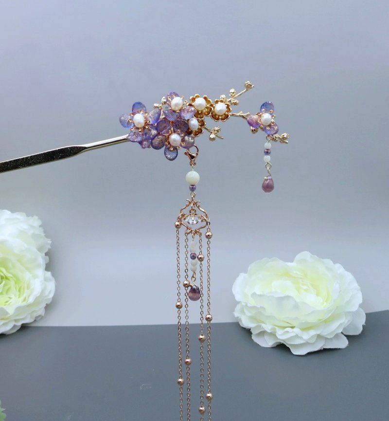 柠檬手作发饰  捷克蓝紫蚀刻洒金樱花发簪   (流苏可拆) - 发饰 - 琉璃 紫色