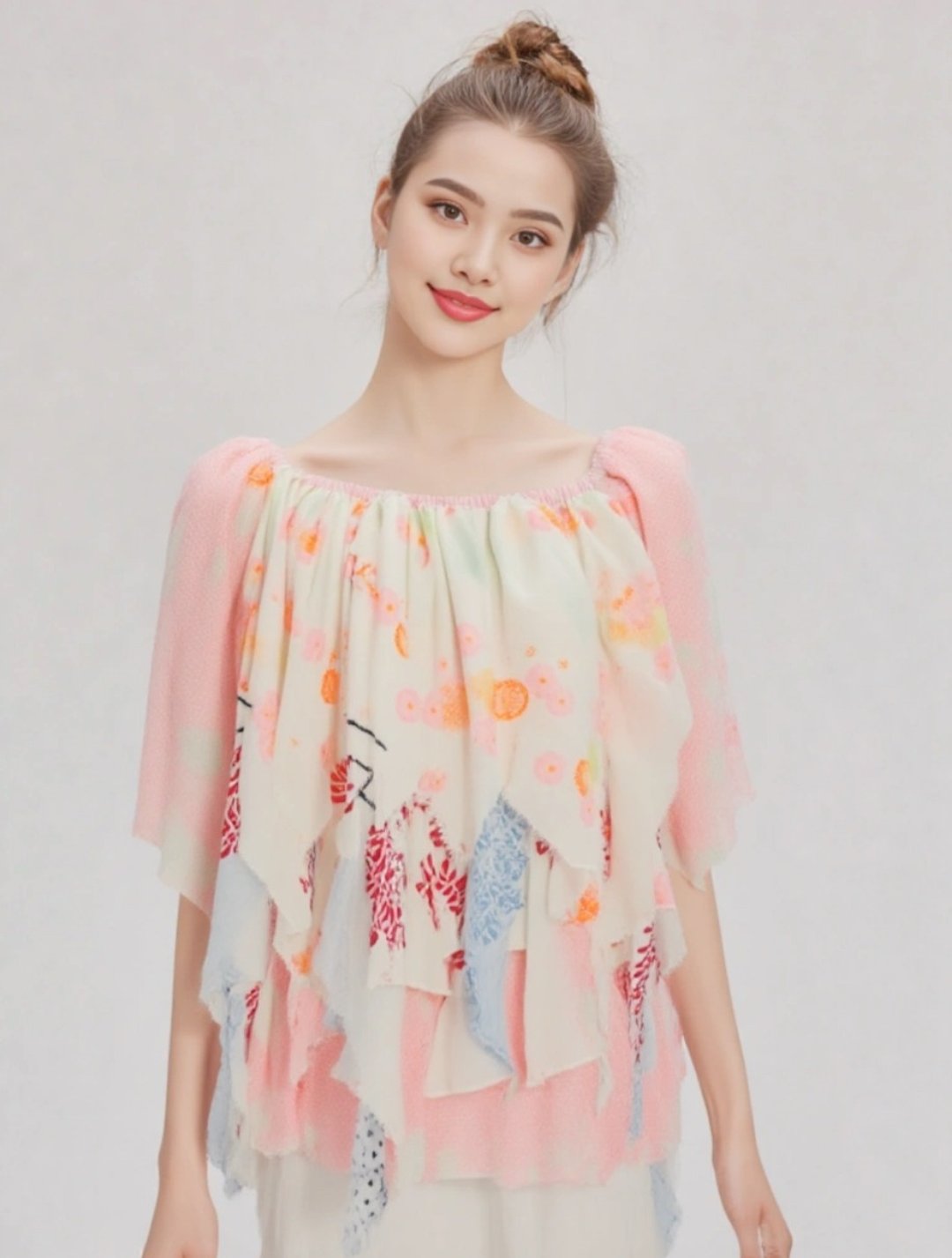 和服与手拭巾拼接荷叶边上衣 - 女装上衣 - 羊毛 粉红色