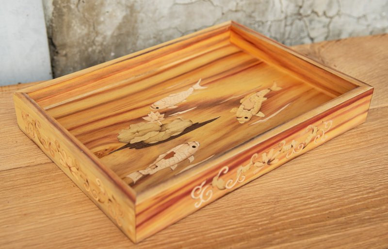 镶花工艺托盘-莲年有余富锦万代-台湾杉 - 摆饰 - 木头 橘色