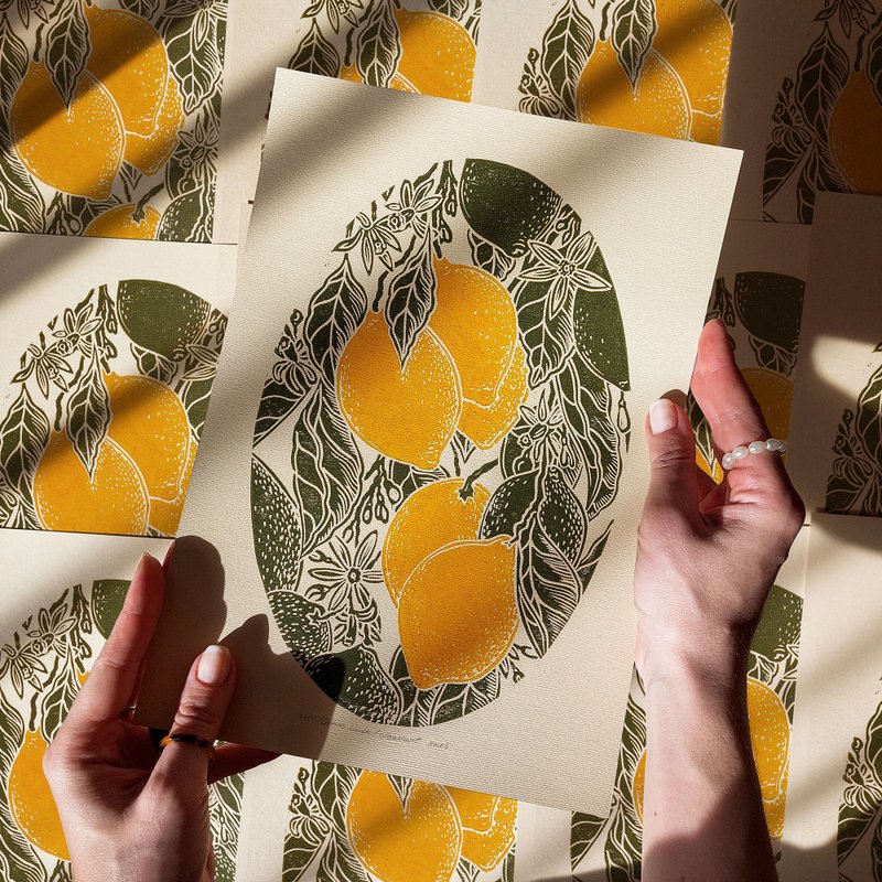 复古柠檬水果油毡版画原创艺术品厨房墙艺术装饰 - 墙贴/壁贴 - 纸 绿色
