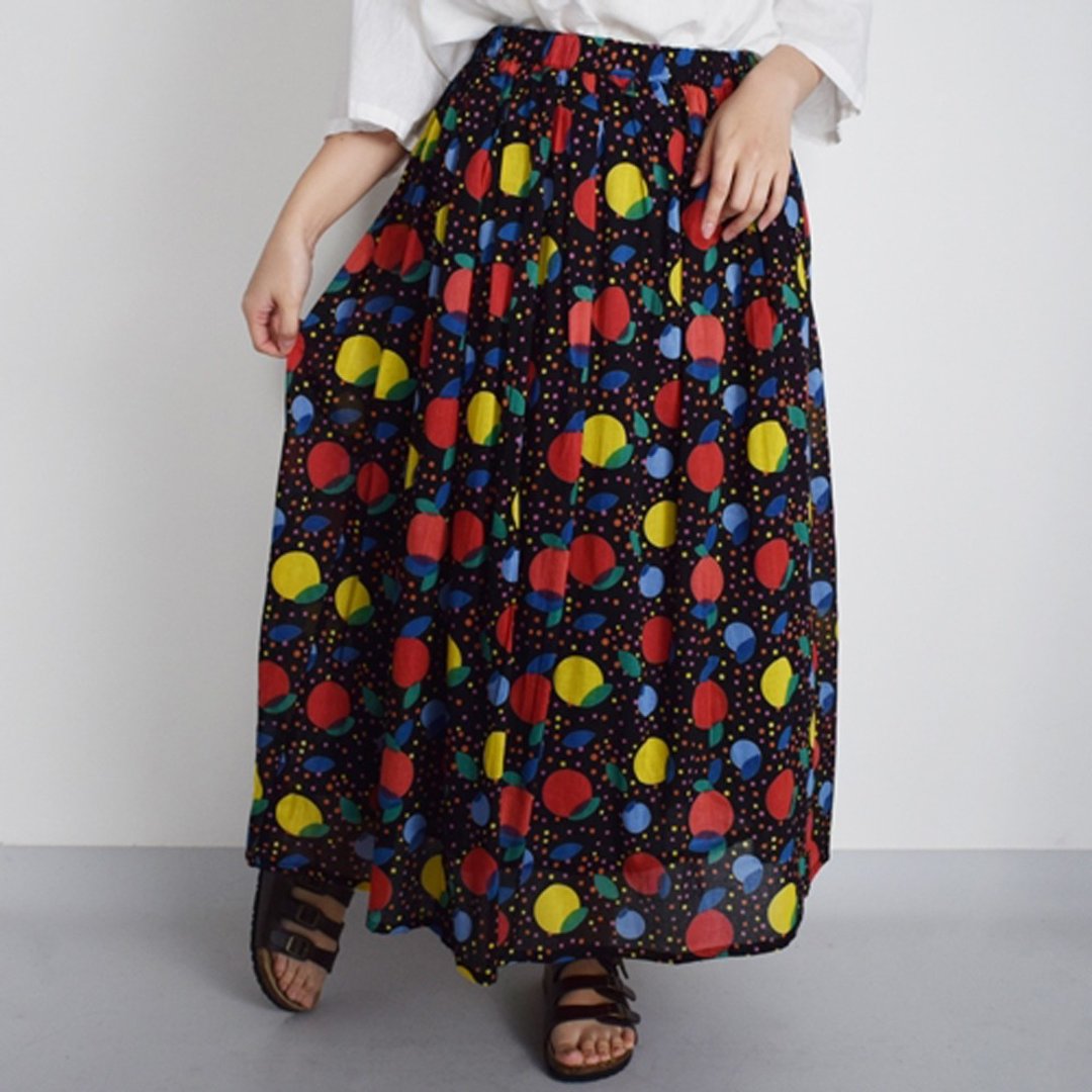 Multi-dot print Long skirt with lining - 裙子 - 棉 黑色