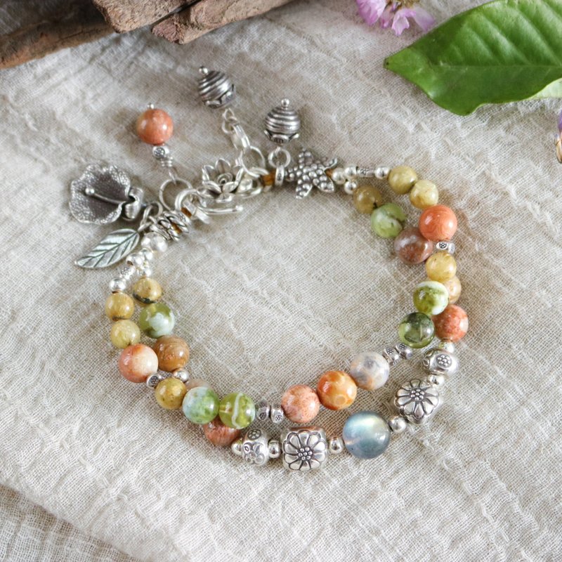 手工珊瑚化石 金发晶 葡萄石泰银手链 泰国设计 多宝水晶女性饰品 - 手链/手环 - 纯银 橘色