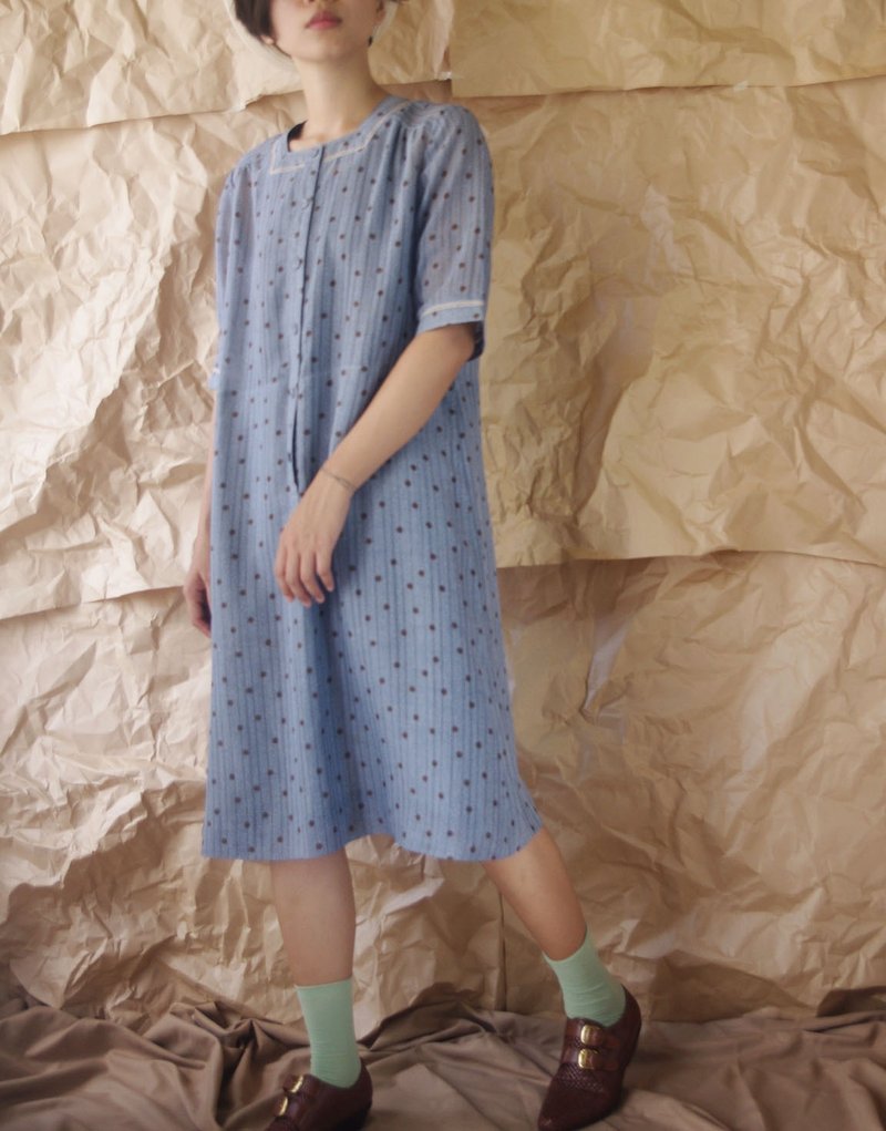 4.5studio-寻宝古着-日系灰蓝色圆点方领复古洋装 - 洋装/连衣裙 - 聚酯纤维 蓝色