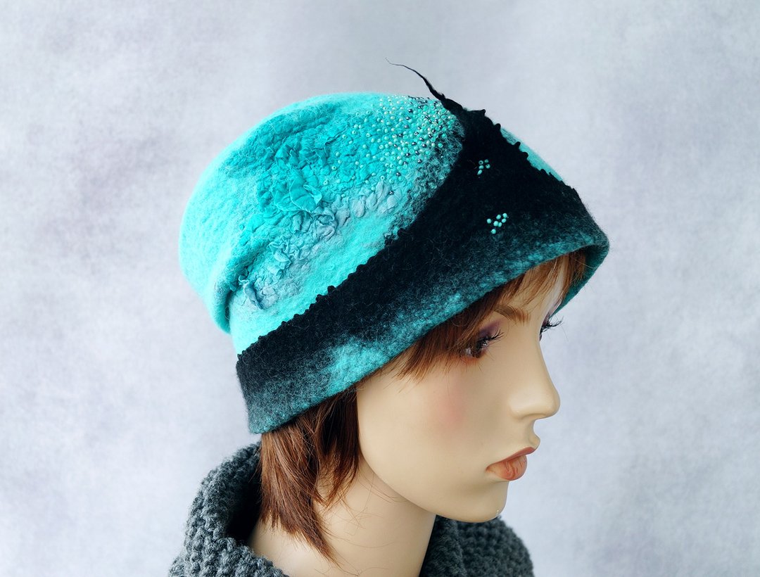 turquoise felt hat felted wool felted hat warm winter beautiful original fancy h - 帽子 - 羊毛 蓝色