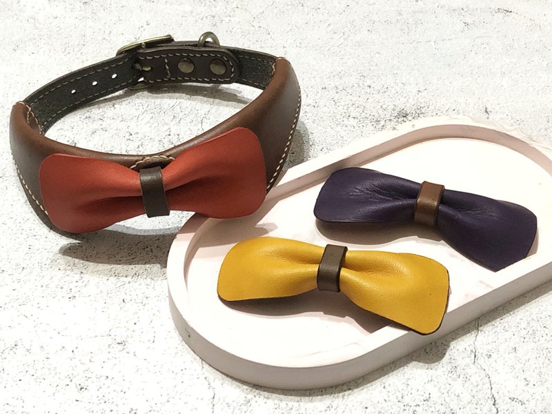 狗狗立领大蝴蝶结项圈 活动式蝴蝶结可更换 植鞣牛皮  专属小型狗 - 项圈/牵绳 - 真皮 咖啡色