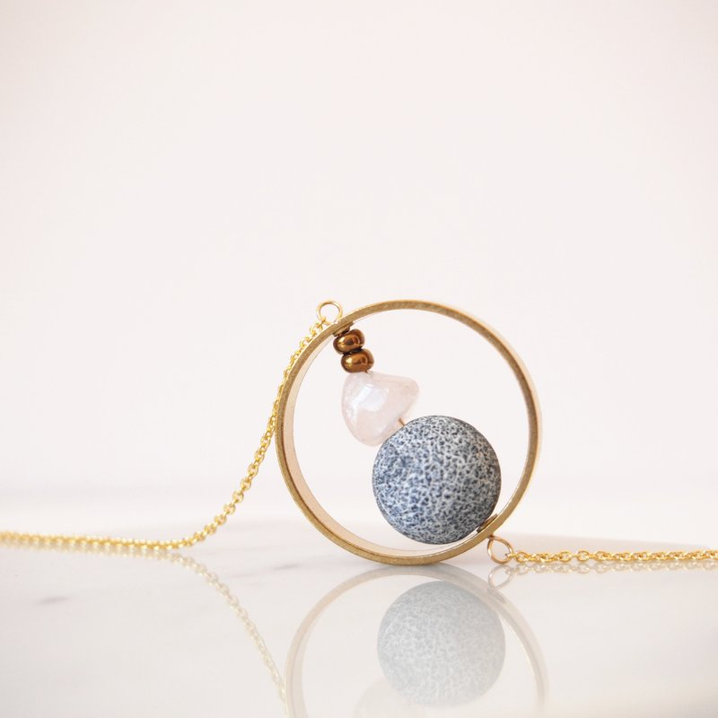 风化玛瑙・粉晶・几何黄铜圆框・镀金项链 (45cm / 18寸) 礼物 - 项链 - 宝石 黑色