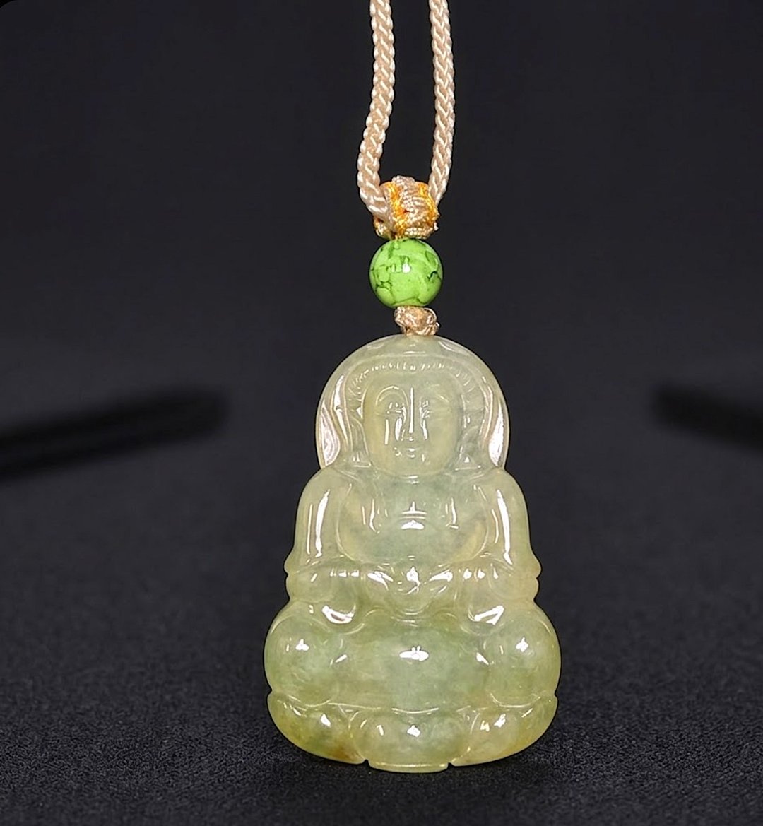 冰种秋香绿翡翠观音菩萨项链 | 天然缅甸玉翡翠A货 | 送礼 - 项链 - 玉石 绿色
