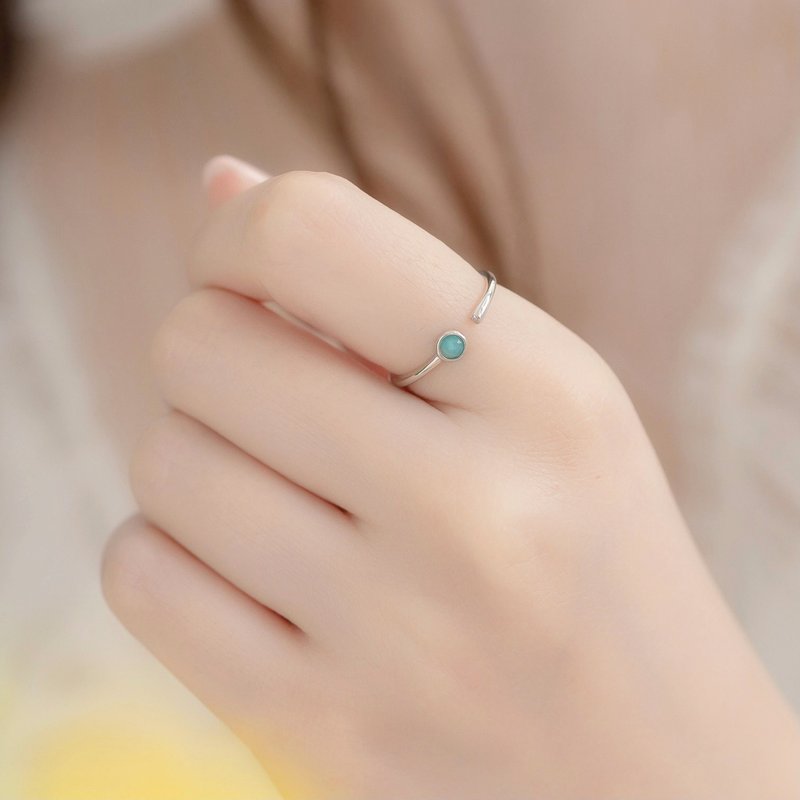 天河石925纯银侧边小锆石设计开口式戒指 - 戒指 - 水晶 银色