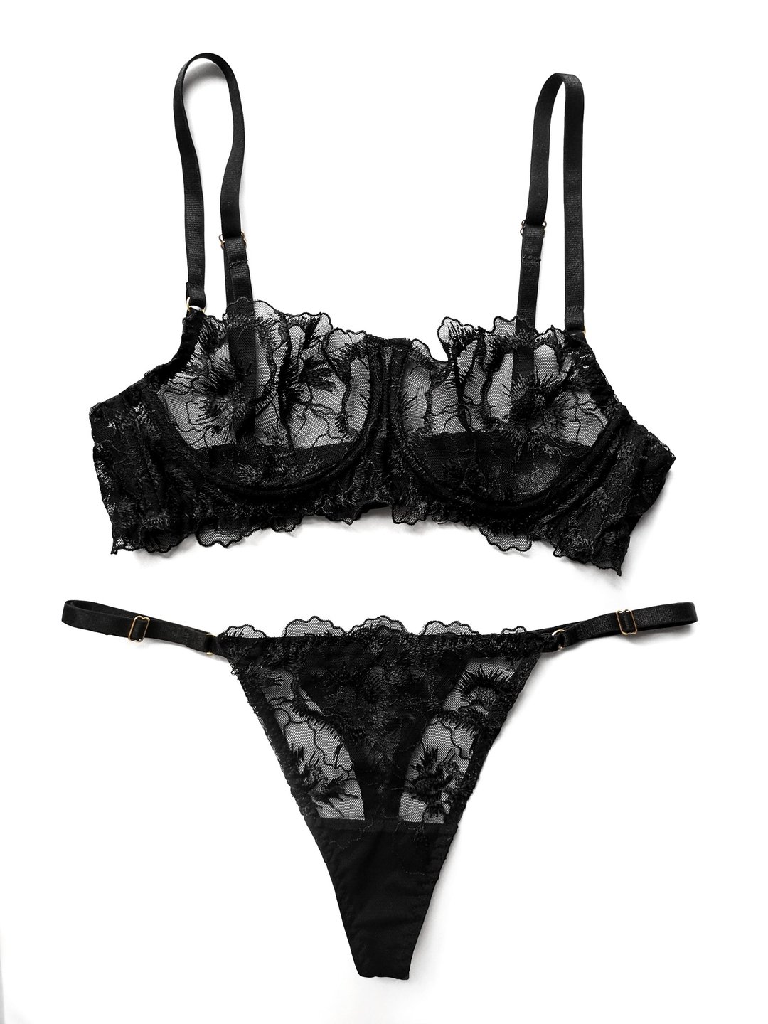 Floral lace lingerie set - Balconette bra, panty, garter belt - Lace underwear - 女士内衣裤 - 聚酯纤维 黑色