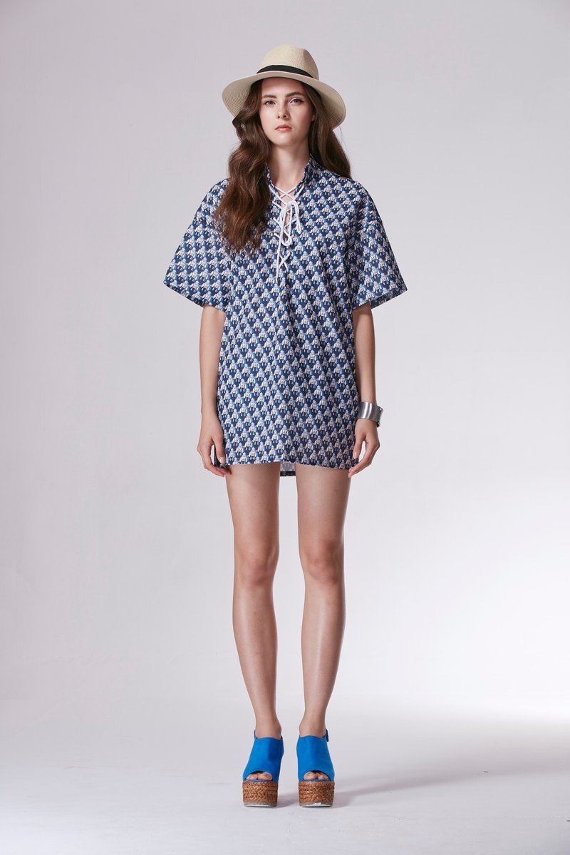 蓝色机器人网格提花宽松V领抽绳宽松短袖连衣裙N202013A70 - 洋装/连衣裙 - 聚酯纤维 蓝色