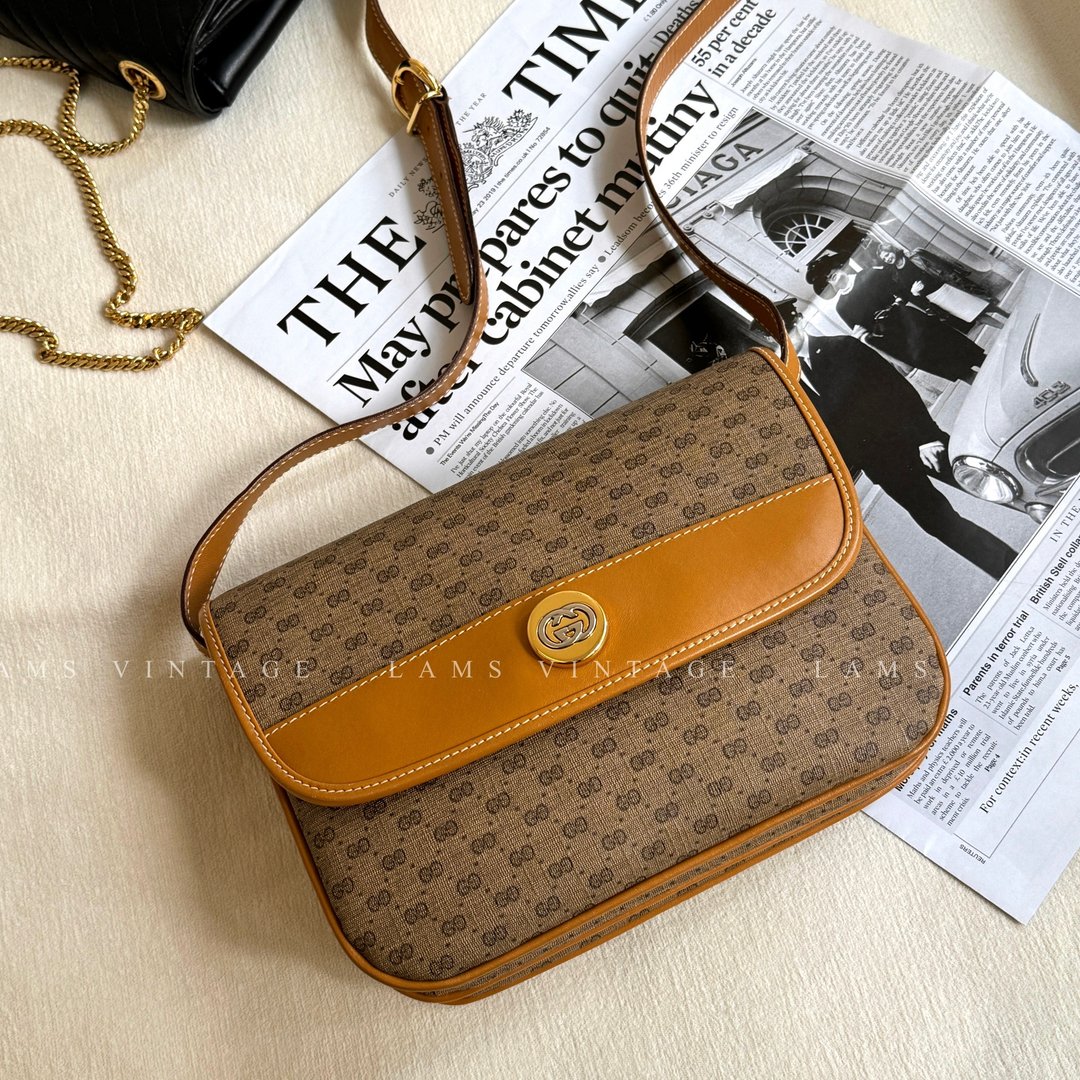中古孤品 Gucci 奶茶色老花斜背马鞍包 - 侧背包/斜挎包 - 防水材质 咖啡色