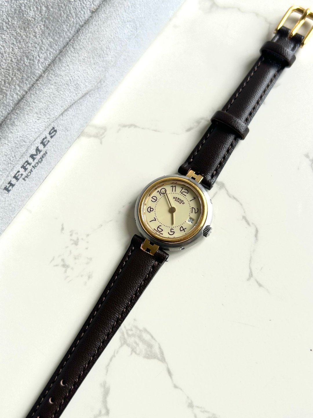 绝版古董表 Hermes Paris 二手男女装皮革表带 手表 腕表 中古 - 女表 - 其他金属 咖啡色