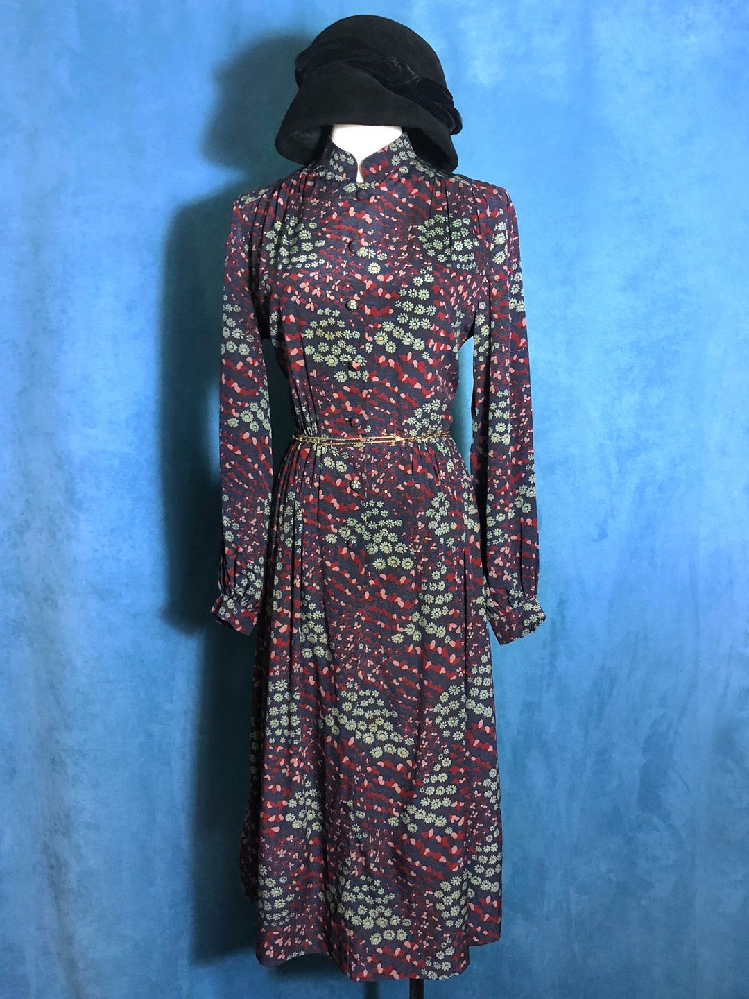 小立领花朵长袖古着洋装/ 国外带回 VINTAGE - 洋装/连衣裙 - 聚酯纤维 多色