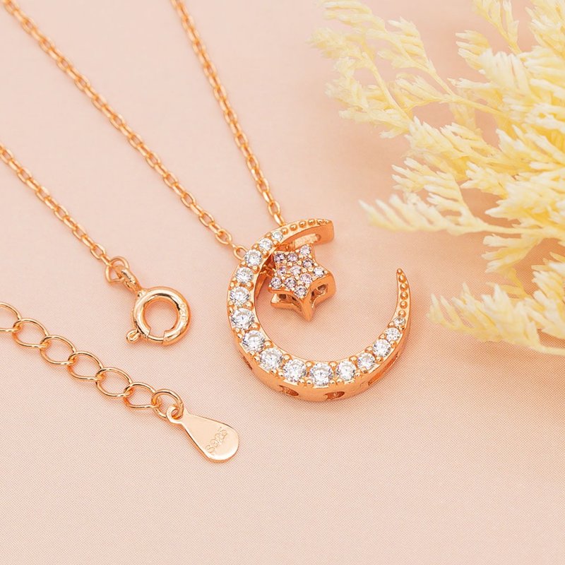 Devalier Birthstone Necklace Women's Accessories Gold SV925 Crystal Moon Star Wrapping October Birthday Gift Pink Tourmaline Color - 项链 - 其他金属 金色