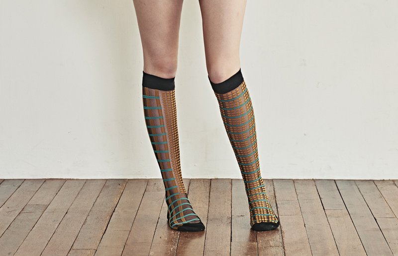 Seed 种子不对称绿色格纹点点长袜 - 袜子 - 棉．麻 绿色