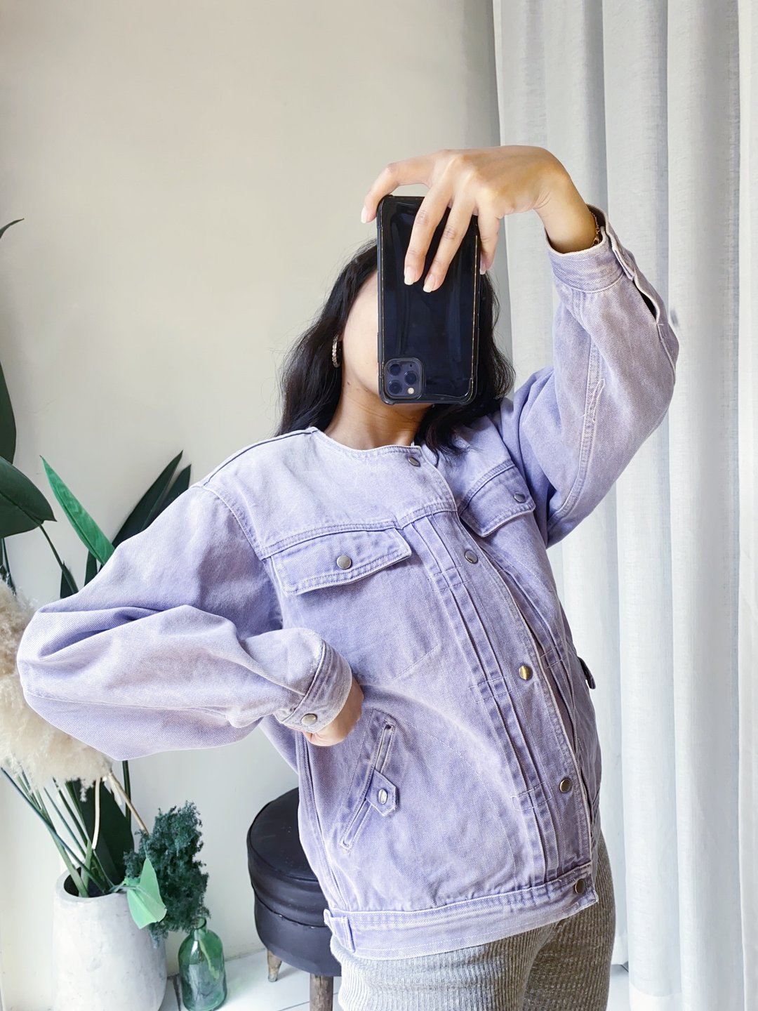 紫罗兰特殊水洗少见工作版型 古着圆领棉质牛仔外套 vintage coat - 女装休闲/机能外套 - 棉 紫色