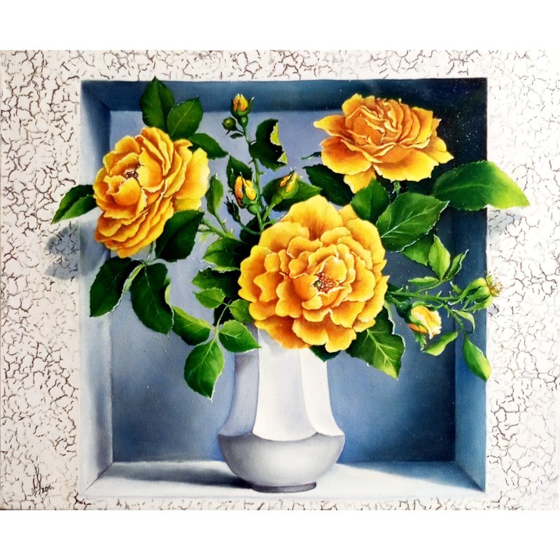 静物画与玫瑰。油画。尺寸16x20英寸帆布油。 - 海报/装饰画/版画 - 其他材质 黄色