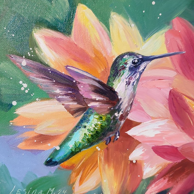 蜂鸟油画雀小艺术雀艺术品花卉绘画雀艺术 - 墙贴/壁贴 - 其他材质 粉红色