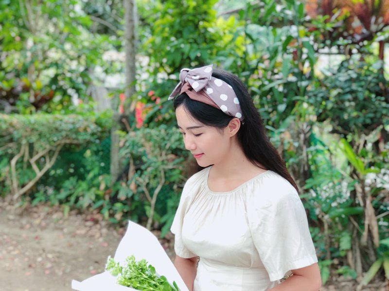 浓情可可 藕色水玉 多层次宽版发带 ggoomstudio - 发带/发箍 - 棉．麻 紫色