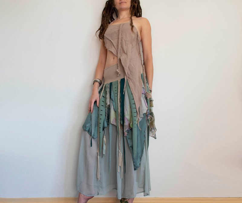 鼠尾草绿夏日音乐祭长裙，附织带，舞者服饰 - 裙子 - 其他材质 绿色