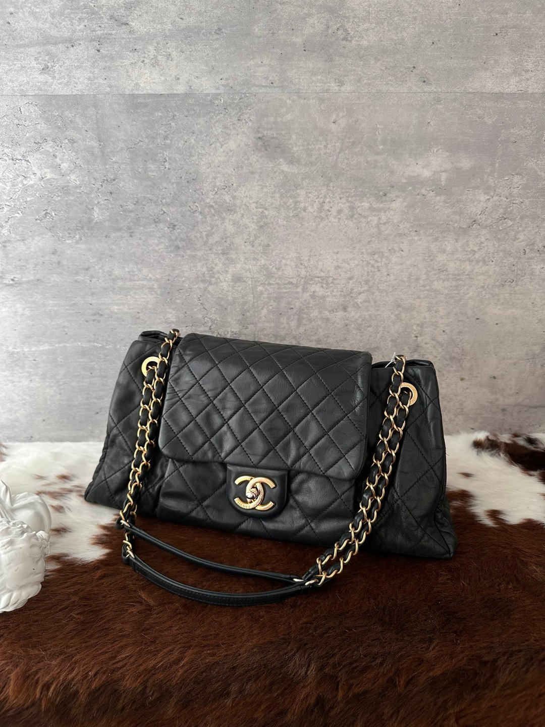 中古包 CHANEL 香奈儿 黑色珠光牛皮链条 Hobo 肩背包 - 手提包/手提袋 - 真皮 黑色