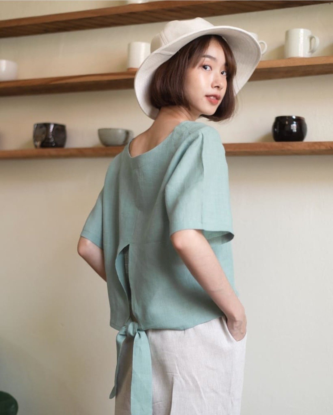 RIBBON CROP TOP - Green - 女装上衣 - 棉 绿色