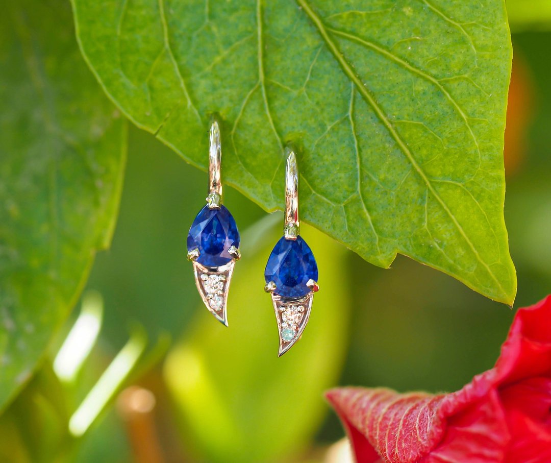 14 kt gold earrings with sapphires and diamonds - 耳环/耳夹 - 贵金属 橘色