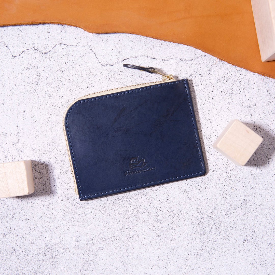 L型拉链零钱包 L Zip Coin Wallet / 深蓝 Navy / 免费刻字 - 零钱包 - 真皮 蓝色