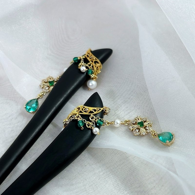 【若桑】丝绸之路II。祖母绿锆石。黑檀木簪发簪。五月诞生石 - 发饰 - 水晶 绿色