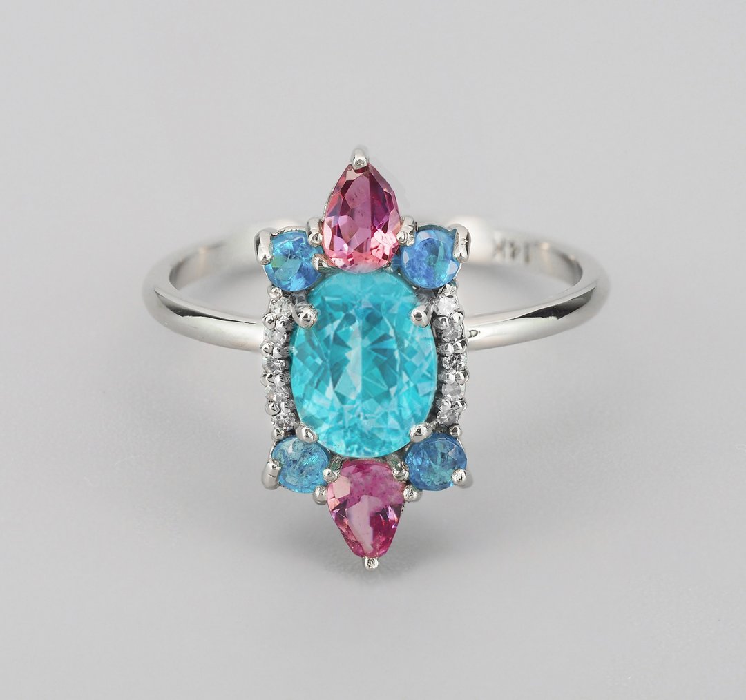14k  gold ring with paraiba color apatite sapphires and diamonds. - 戒指 - 贵金属 金色