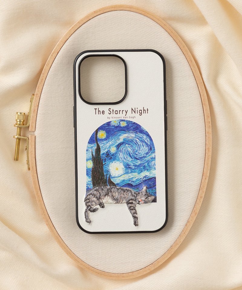 立體刺繡手機殼 iPhone 13 PRO PU合成皮革 猫咪x星夜 - 手机壳/手机套 - 聚酯纤维 多色