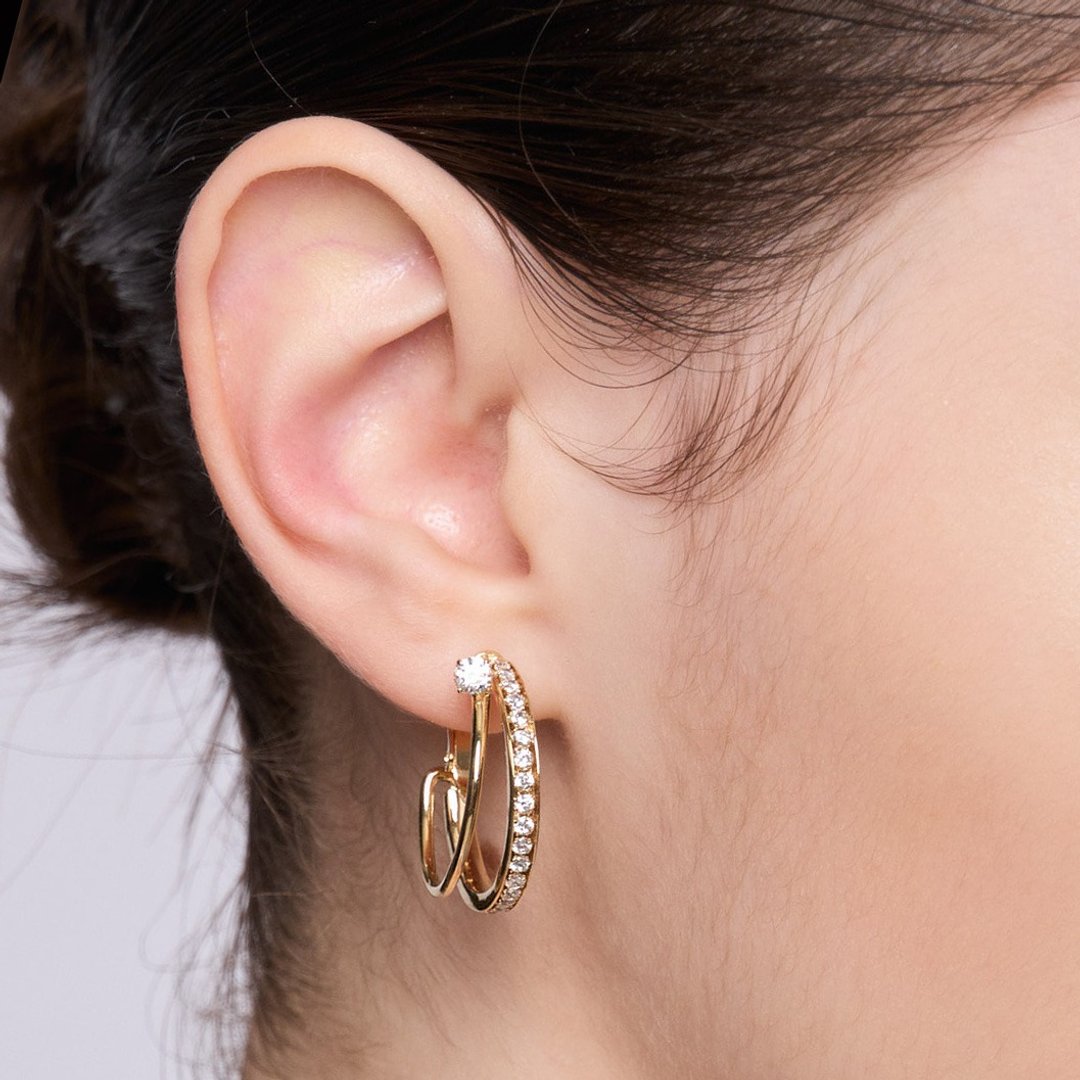 双环宝石耳夹 925银厚镀18K金 Inclusivo  EarClip - 耳环/耳夹 - 宝石 金色